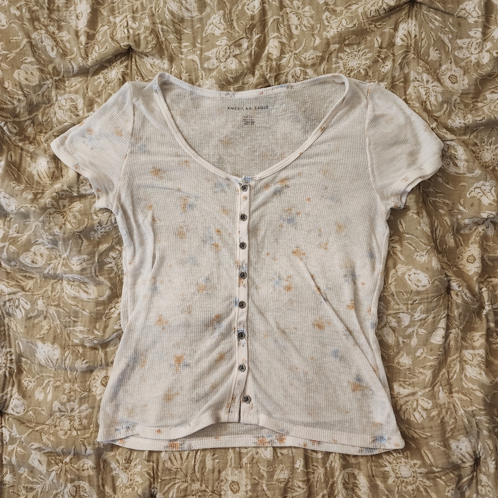 American Eagle Small Waffle Short Sleeve Lounge Floral Button-Up Top